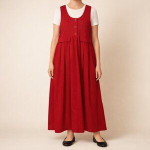 Vintage 90s Denim Maxi Dress Red Scoop Neck Pleated Size Medium